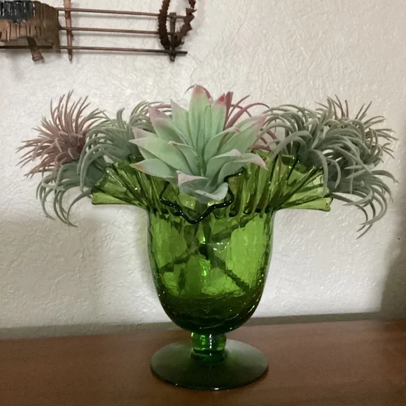 Blenko 388 Green Crackle Art Glass Vase Handcrafted Crimped Ruffled Edge Vintage - Picture 4 of 16